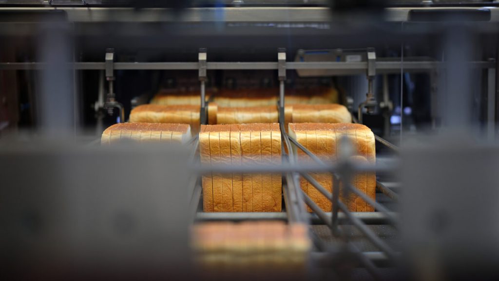 Sliced bread in the bread making process in a factory